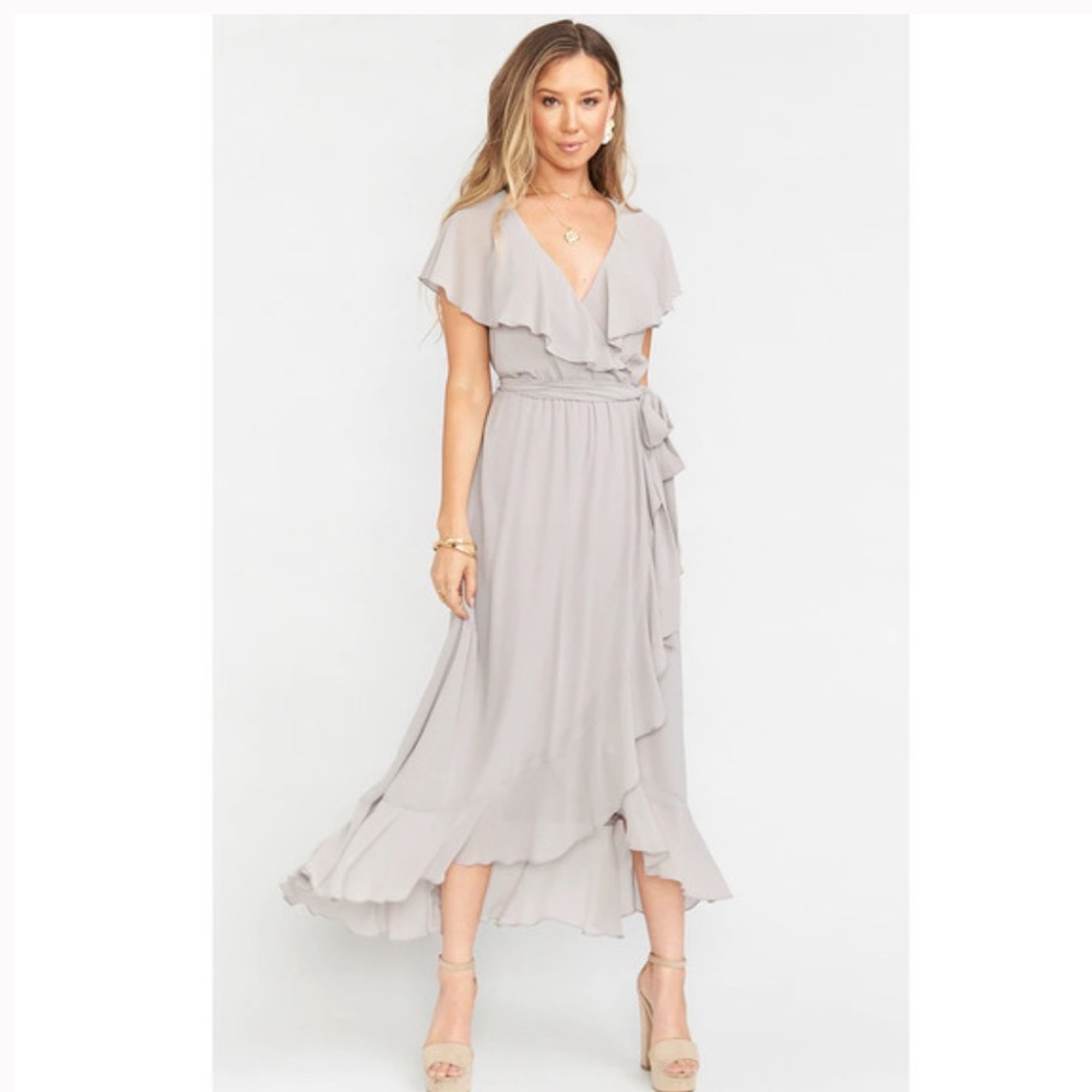 Show Me Your Mumu Jess Ruffle Midi Dress Dove Grey Chiffon Size M NWT $198